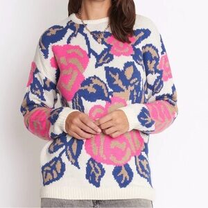 Dee Elly Women’s Ivory Pink Blue Tan Floral Knit Crewneck Sweater Size L